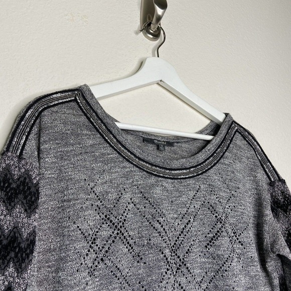 Miss Me Gray Rhinestone Embellished Sequin Beaded Trim Mixed Knit Sweater Sz S - Picture 2 of 10